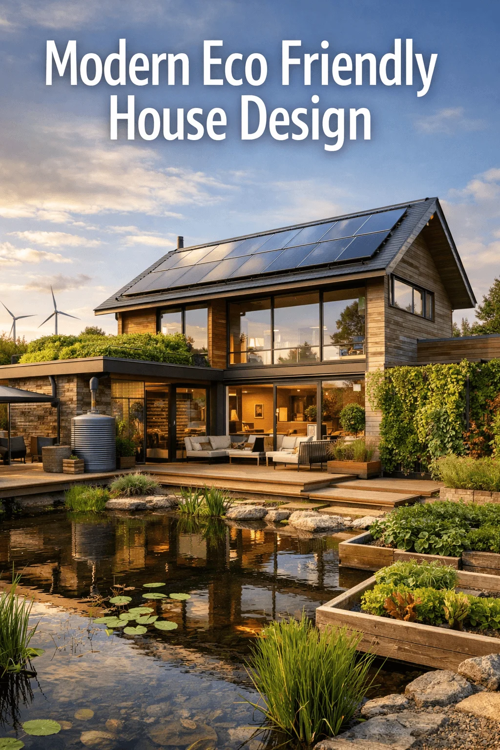 Modern eco-friendly house design with solar panels, green roof, rainwater system, and sustainable garden landscape.