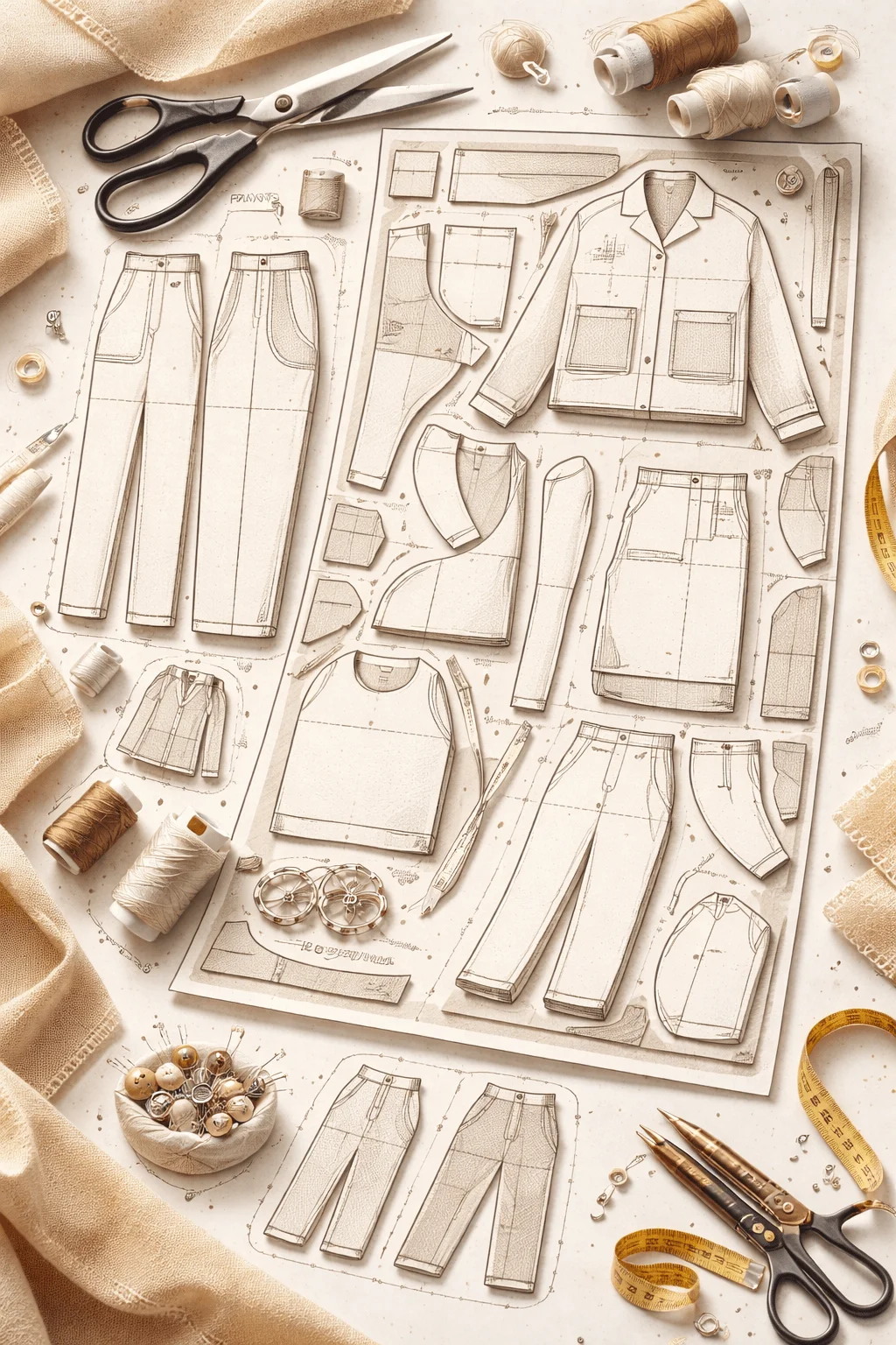 Top view of detailed garment pattern layouts for pants jacket and skirt arranged with scissors measuring tape threads pins and fabric pieces creating a textured fashion design workspace scene