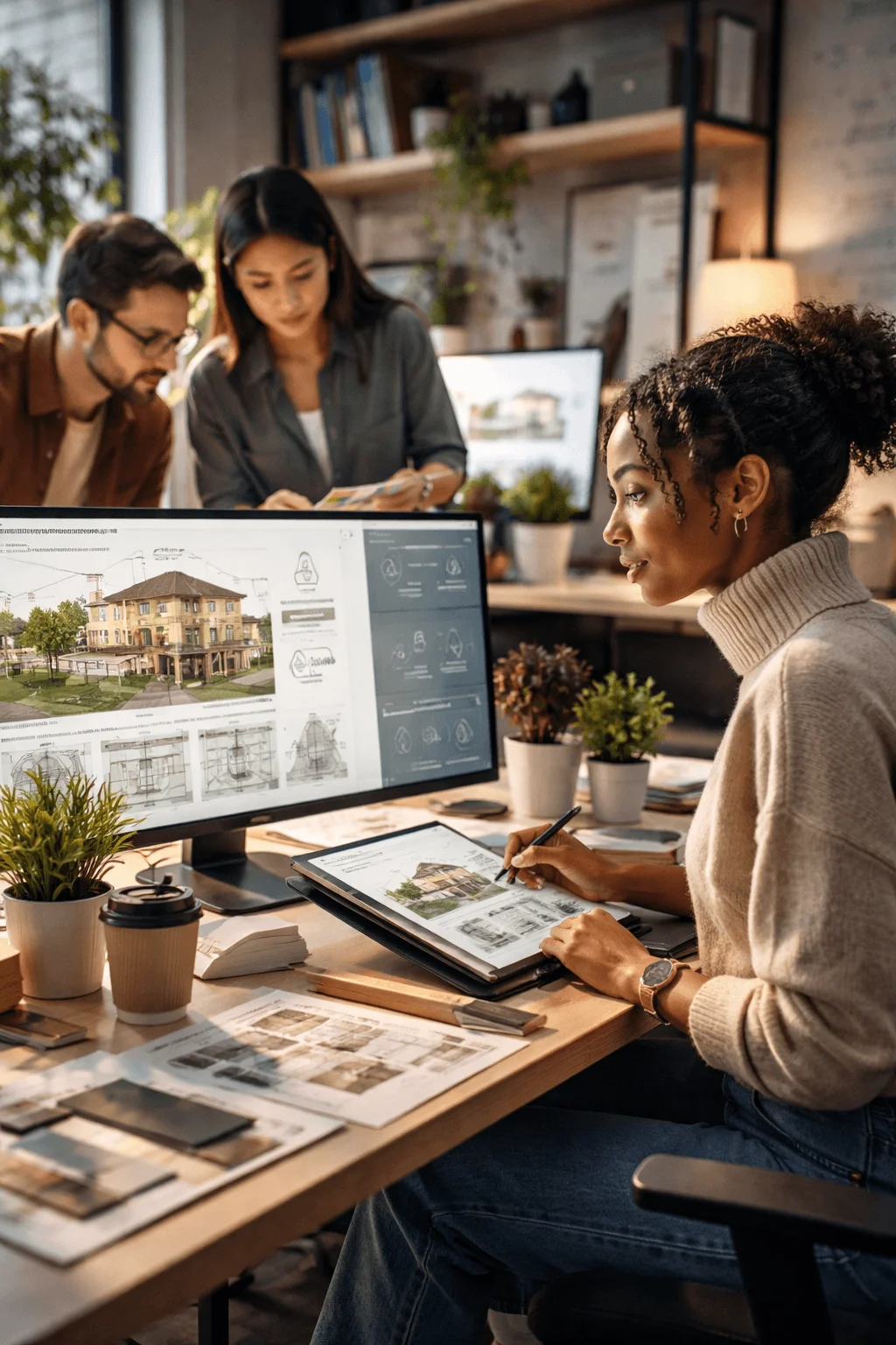 Design team collaborating in studio using digital tools and large screen interface to create sustainable architecture concepts with efficient resource focused workflow