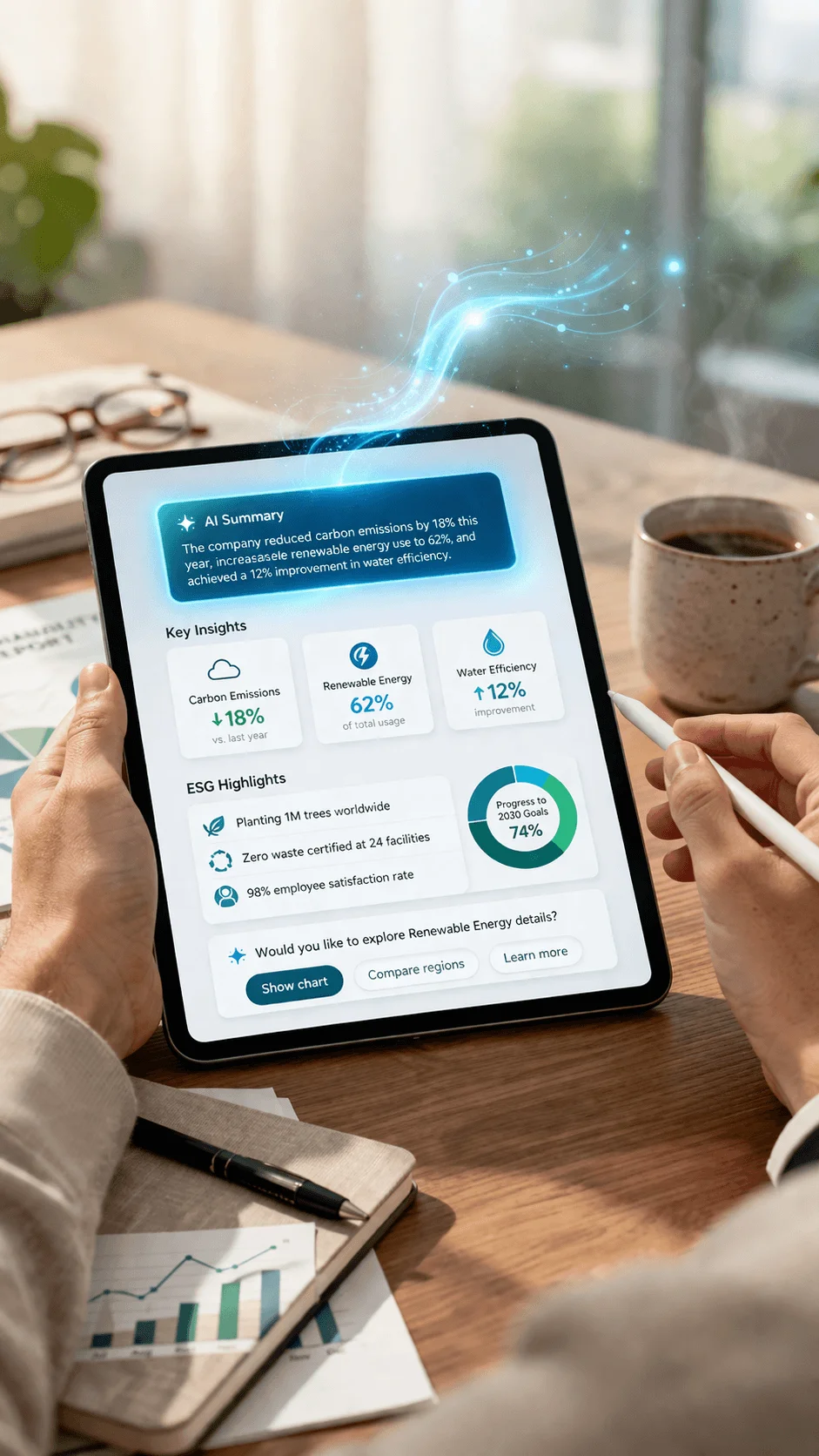 Hands holding tablet displaying AI powered sustainability report summary with key insights on carbon emissions renewable energy water efficiency ESG highlights and progress toward goals