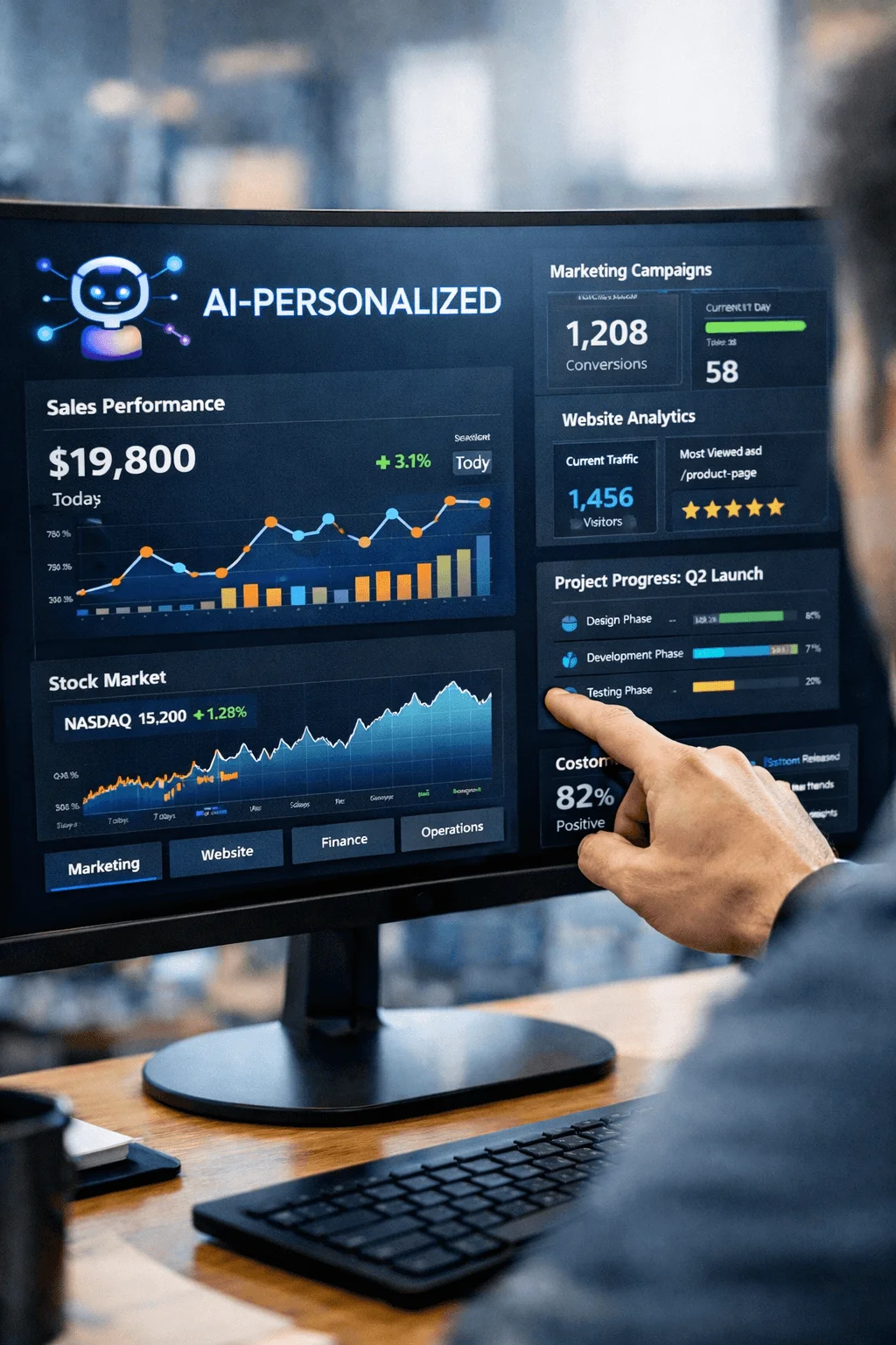 Person interacting with a monitor displaying AI personalized analytics dashboard with sales performance marketing campaigns website analytics project progress and stock market data in a modern interface