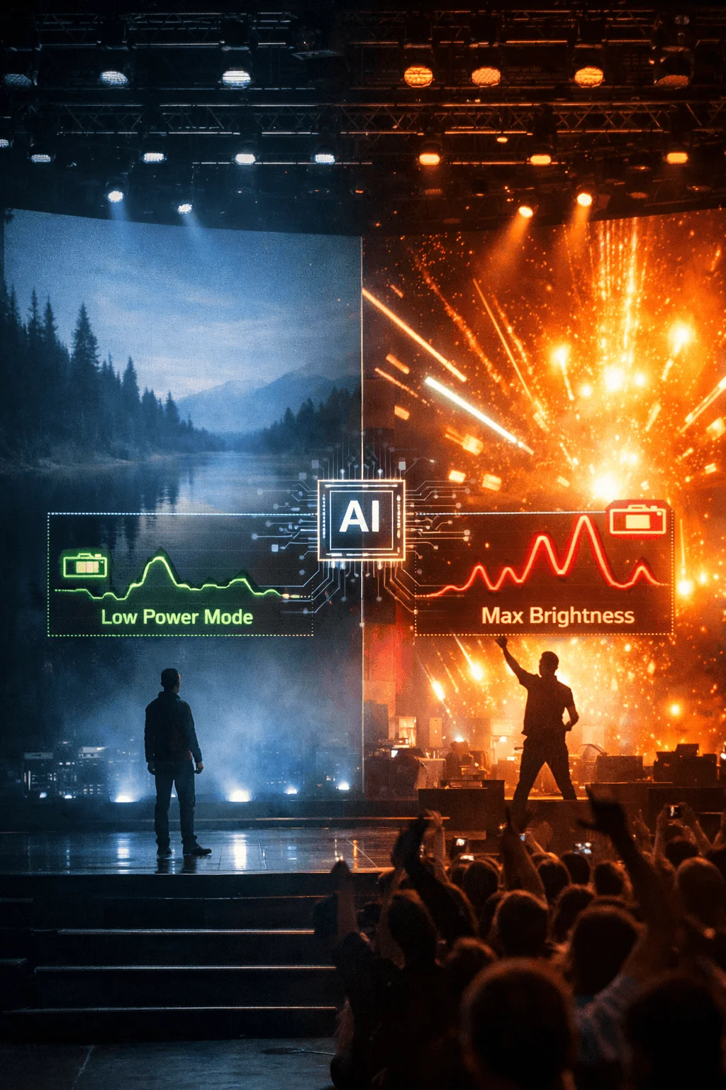Split stage display showing AI driven energy optimization with one side featuring a calm low power mode nature scene and the other side showing high intensity visuals labeled max brightness with audience and presenters on stage