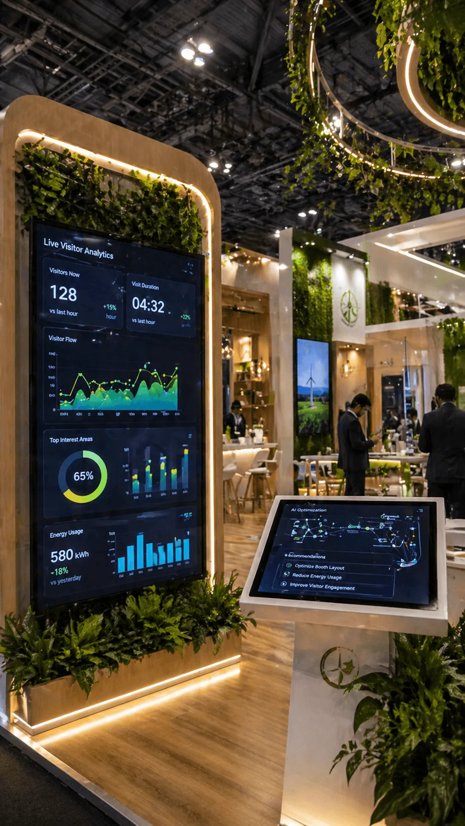 AI driven sustainable exhibition booth with digital analytics screens interactive display greenery accents and energy usage insights for optimized eco friendly performance
