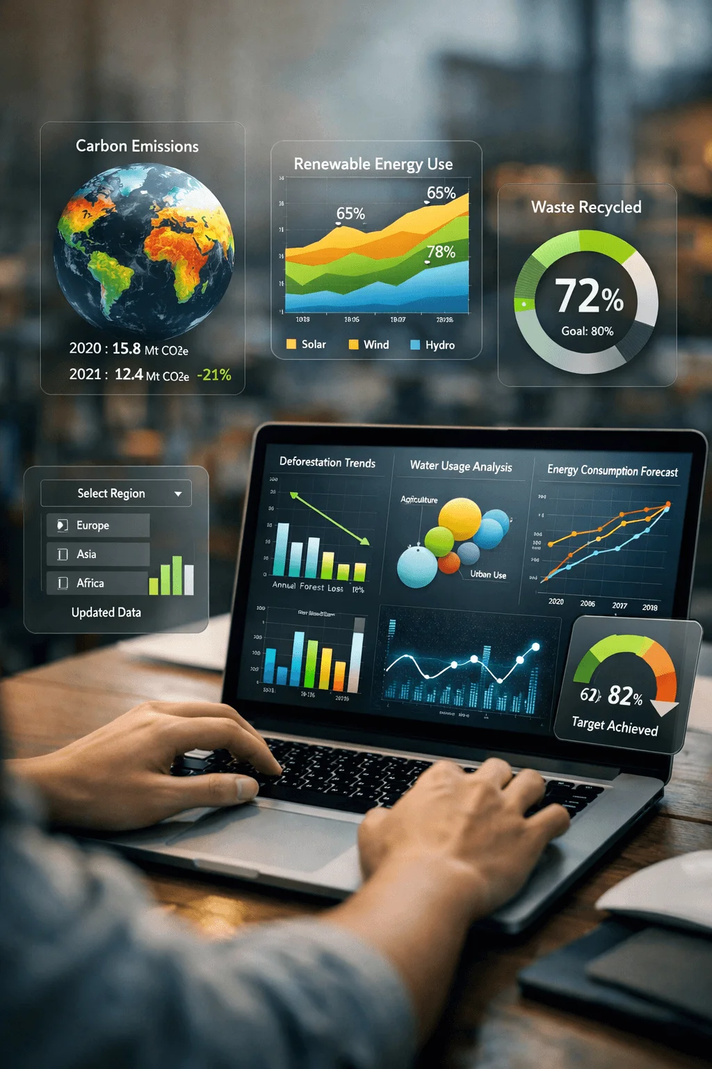 Person using a laptop displaying environmental data dashboards with charts showing carbon emissions renewable energy use waste recycled deforestation trends water usage analysis energy consumption forecast and regional data selection for Europe Asia and Africa with target achievement indicator at 82 percent