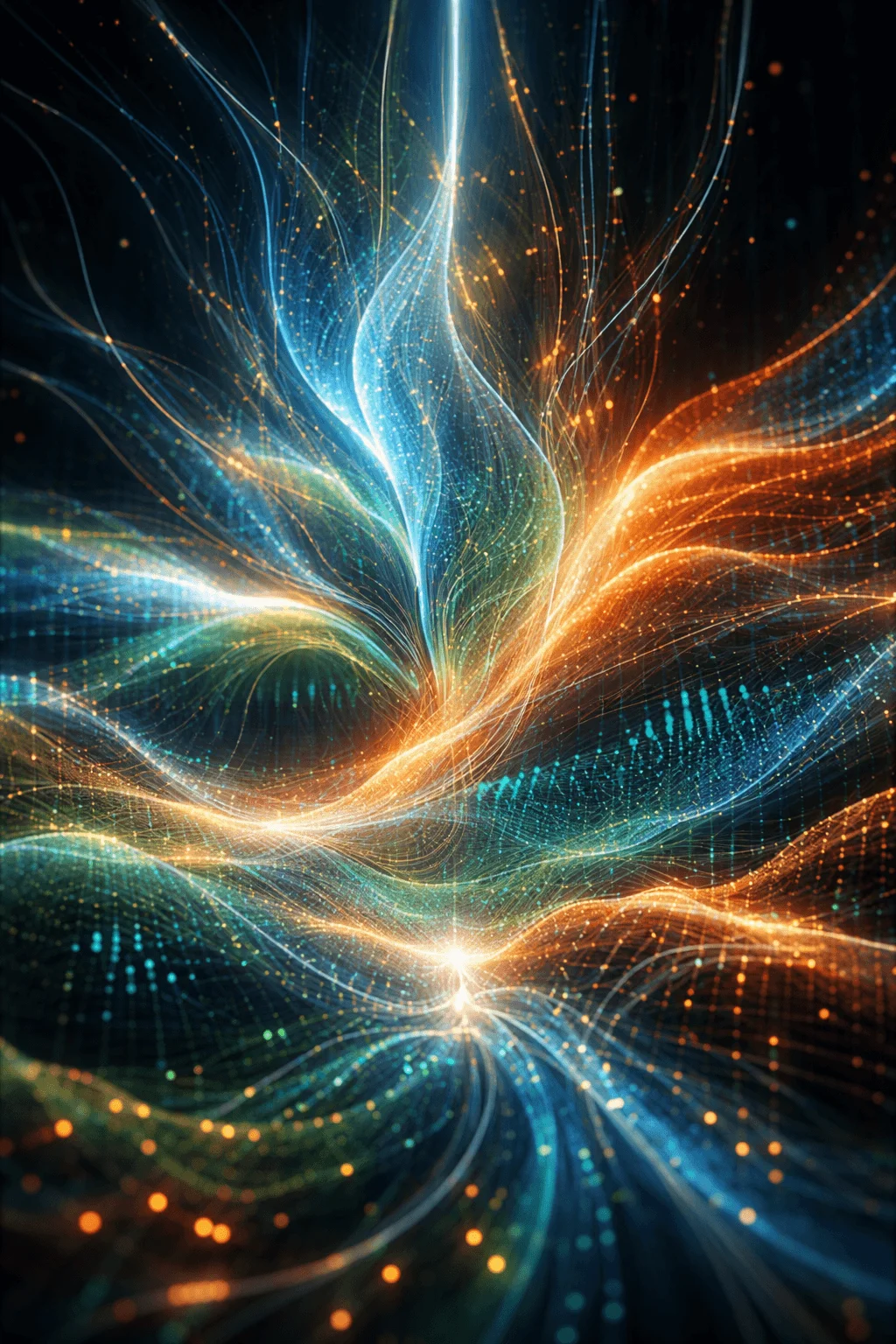 Abstract flowing digital light patterns in blue and orange representing data connectivity artificial intelligence and dynamic technological energy.