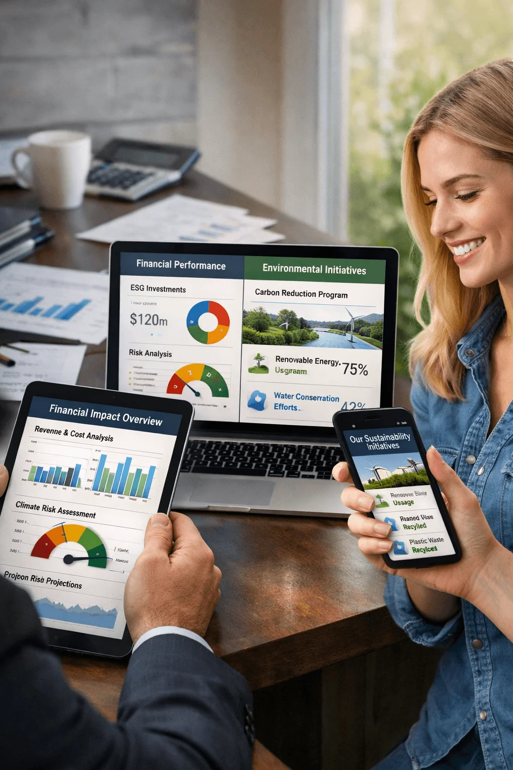 People reviewing sustainability report data across laptop tablet and smartphone showing financial performance environmental initiatives and ESG metrics in a modern workspace