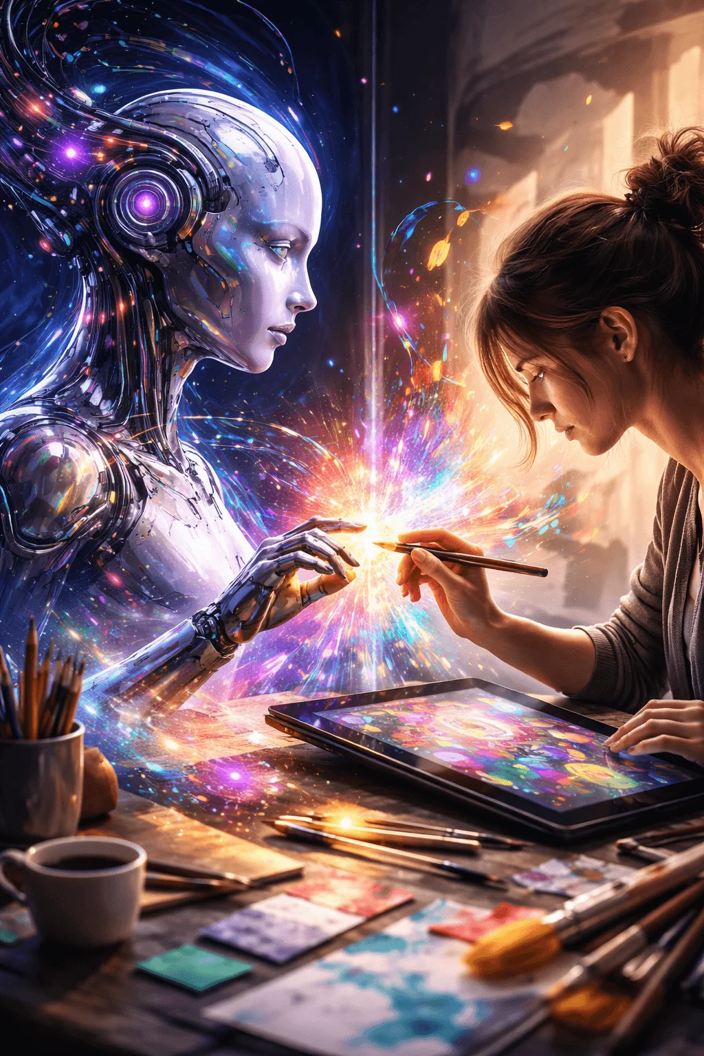 Futuristic scene of a human artist and a humanoid robot collaborating at a desk with digital tablet and paints their fingers touching and creating a burst of colorful light symbolizing creativity and human AI connection