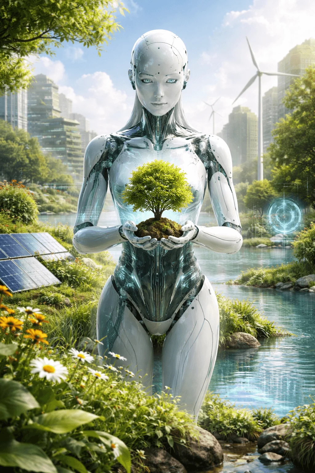 Futuristic humanoid robot holding a small green tree in its hands standing in a lush eco friendly landscape with a river solar panels wind turbines and a modern city in the background