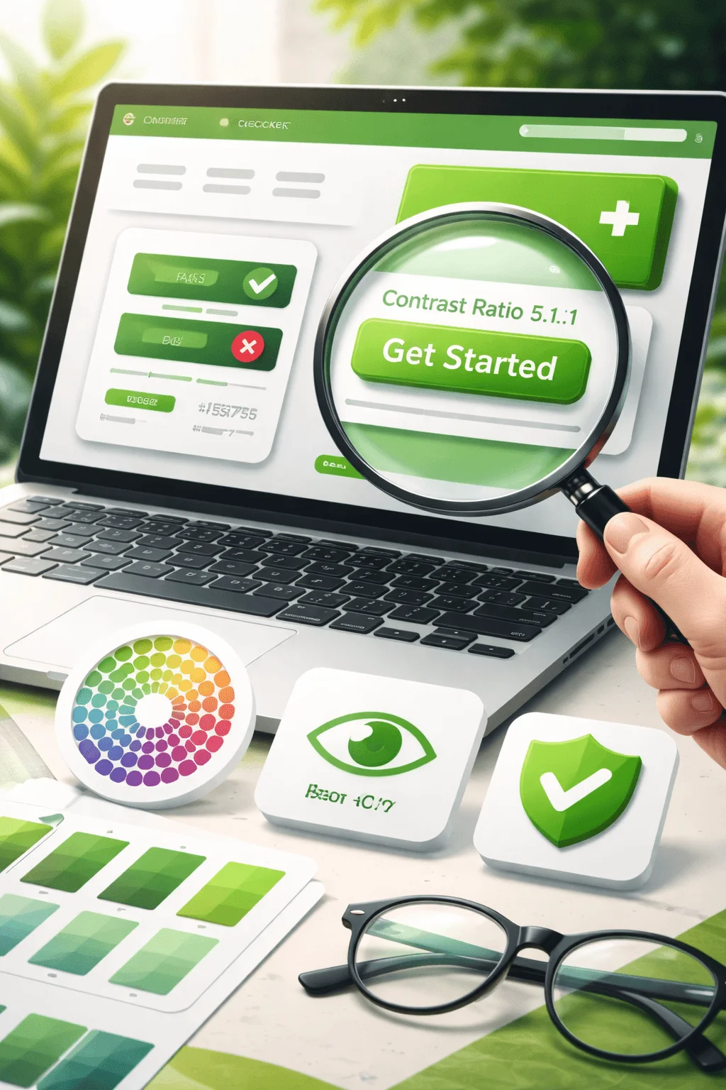 Laptop displaying green themed accessibility interface with contrast ratio checker magnified, color palette samples, and readability icons on desk with glasses and design tools
