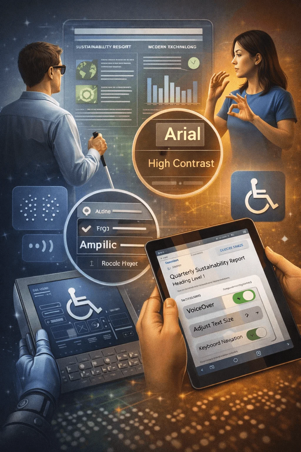 Accessibility focused sustainability report design with high contrast text screen reader features braille elements and inclusive interface for diverse users