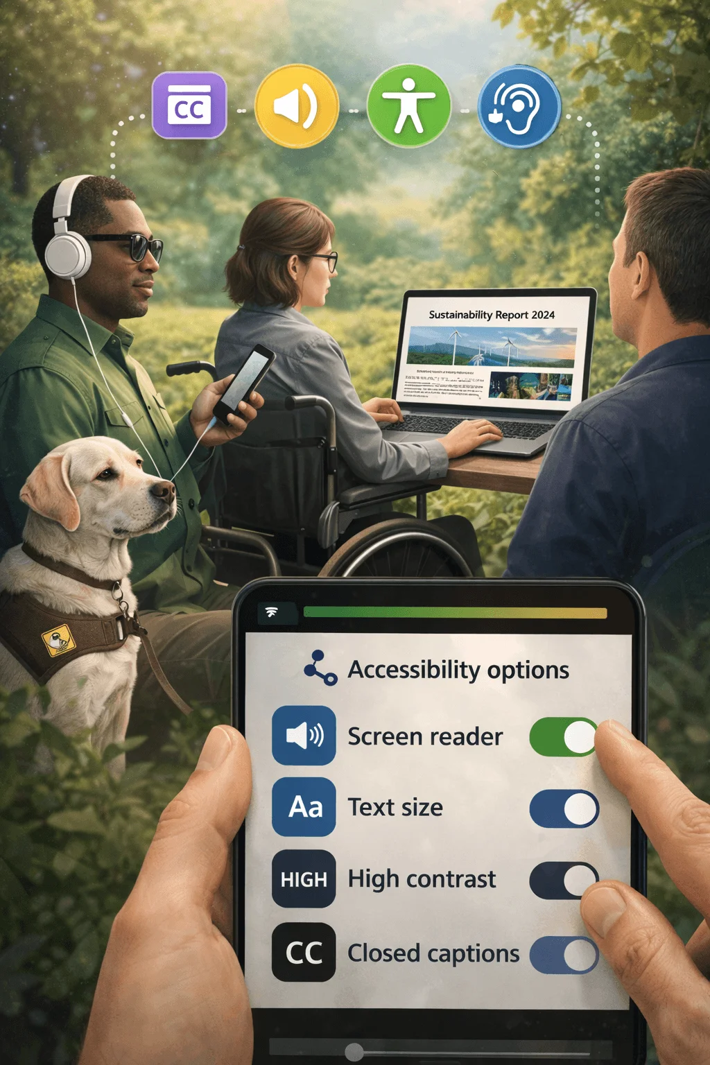 accessibility focused sustainability report experience showing users with assistive technology and mobile interface with screen reader text size high contrast and closed captions options