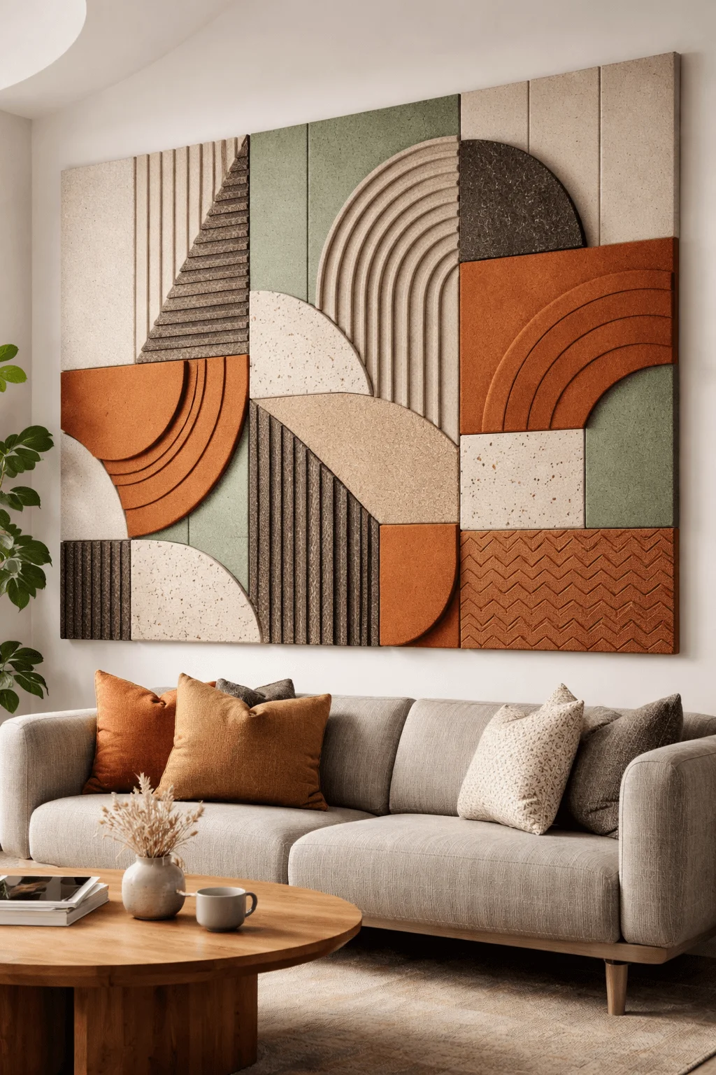 Modern living room with decorative acoustic wall panels made from recycled materials featuring geometric patterns in earthy tones paired with a neutral sofa wooden coffee table and cozy decor