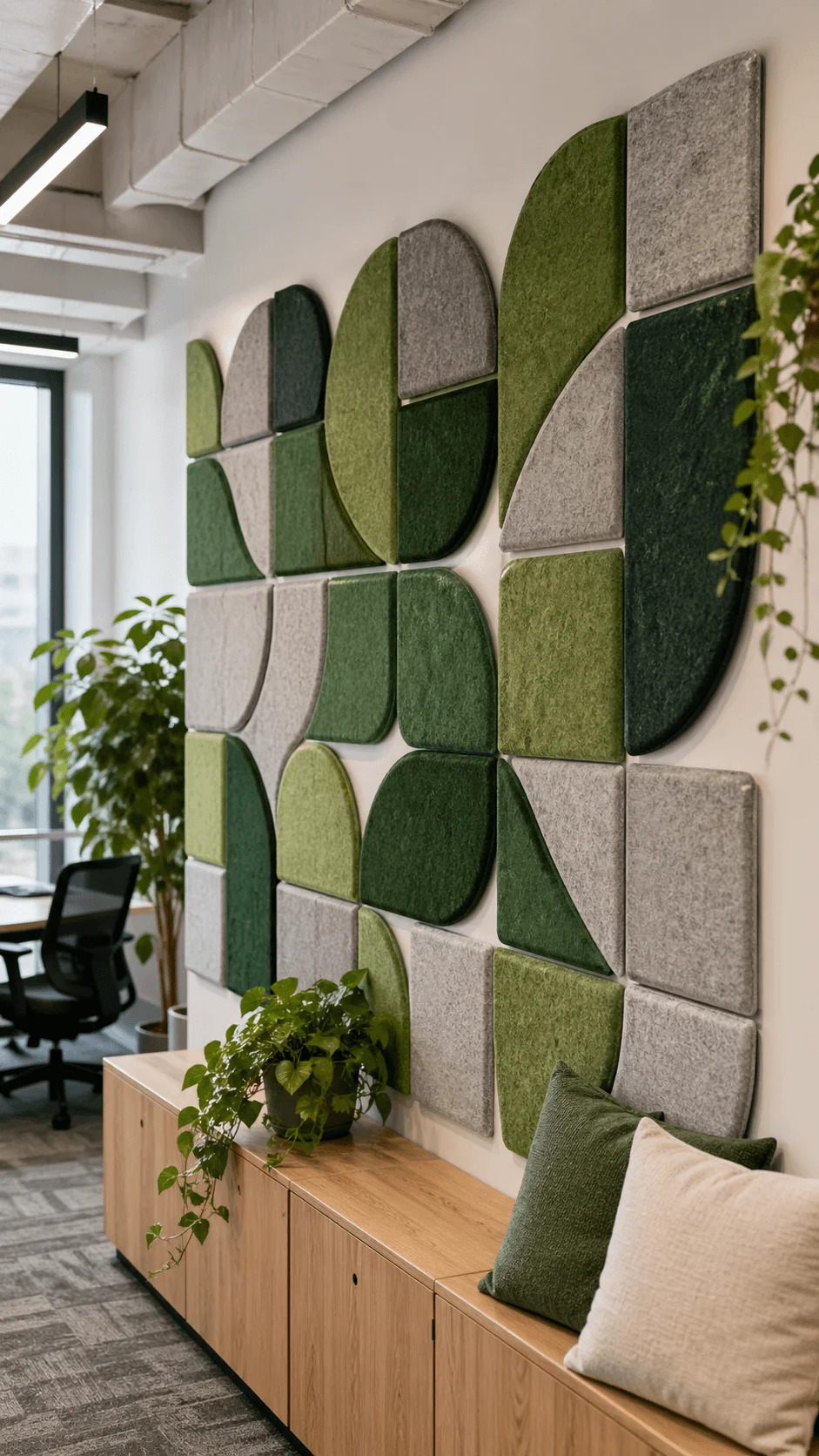 Modern office interior with decorative acoustic wall panels in green and gray tones indoor plants wooden bench seating and stylish eco friendly workspace design