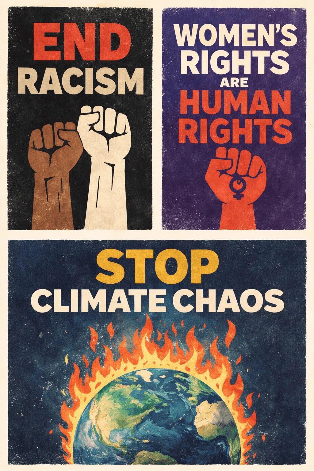 Vintage-style activism posters featuring bold messages: “End Racism” with raised fists of different skin tones, “Women’s Rights Are Human Rights” with a feminist symbol, and “Stop Climate Chaos” showing the Earth surrounded by flames on a dark textured background