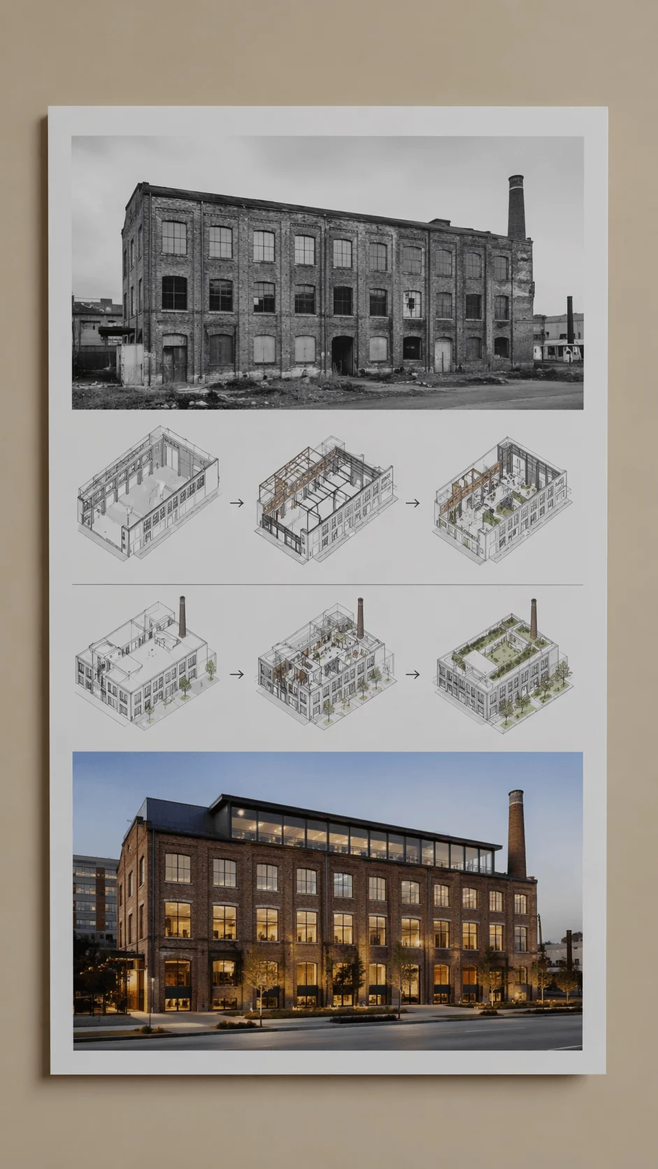 adaptive reuse poster showing transformation of old industrial building into modern space with step by step renovation diagrams and final restored structure