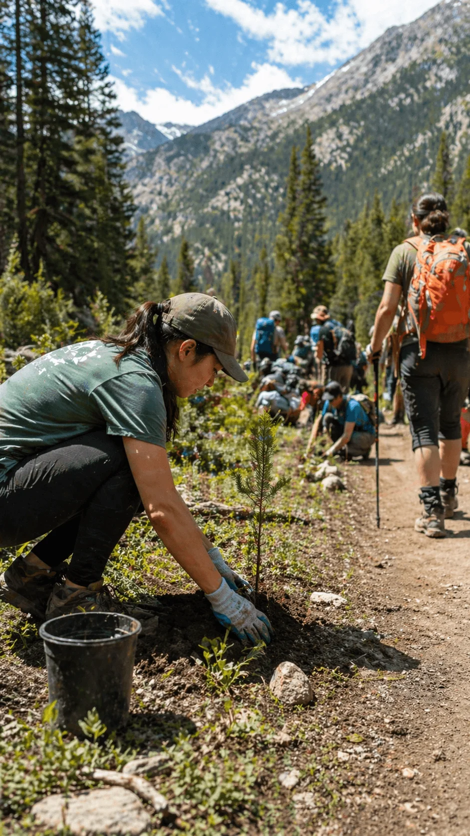 Volunteers planting trees along a mountain trail during an outdoor adventure activity focused on environmental conservation