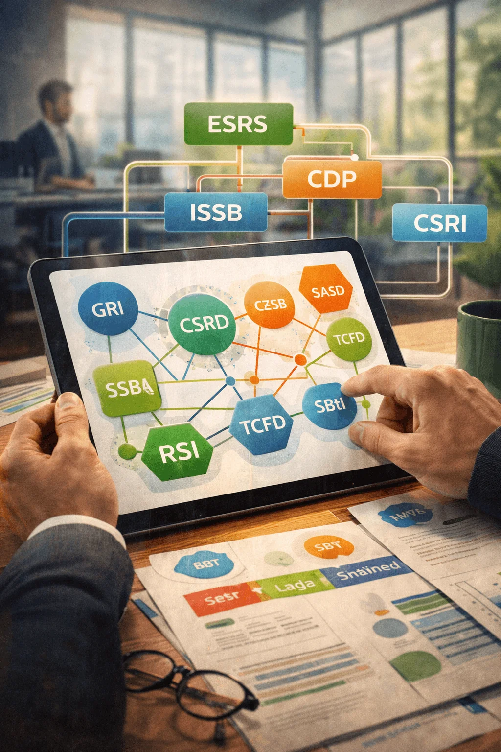 Person using a tablet displaying interconnected sustainability reporting frameworks including GRI CSRD TCFD ISSB CDP and ESRS with linked nodes and diagrams alongside printed documents and a workspace setting