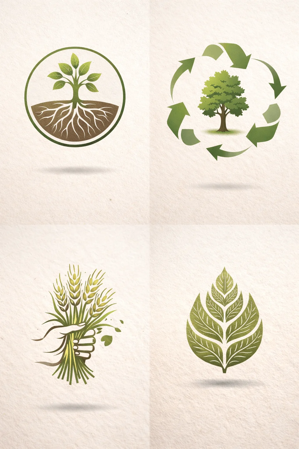 Set of eco themed logo designs including tree with roots circular recycling tree wheat in hands and stylized leaf arranged on a soft textured background in green earthy tones