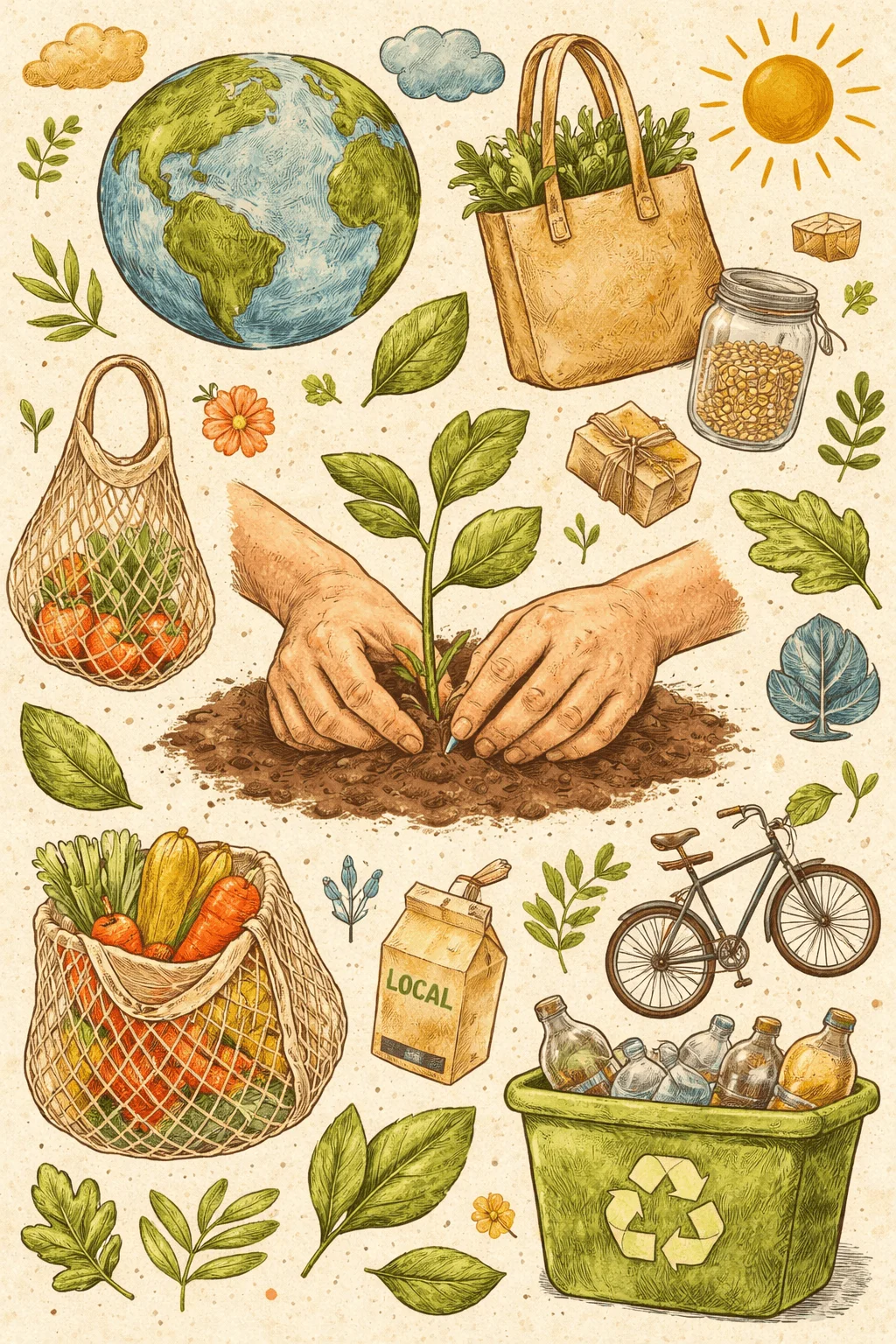 Illustrated eco lifestyle scene with hands planting a sapling surrounded by earth reusable bags vegetables glass jar bicycle recycling bin and natural elements like leaves sun and globe