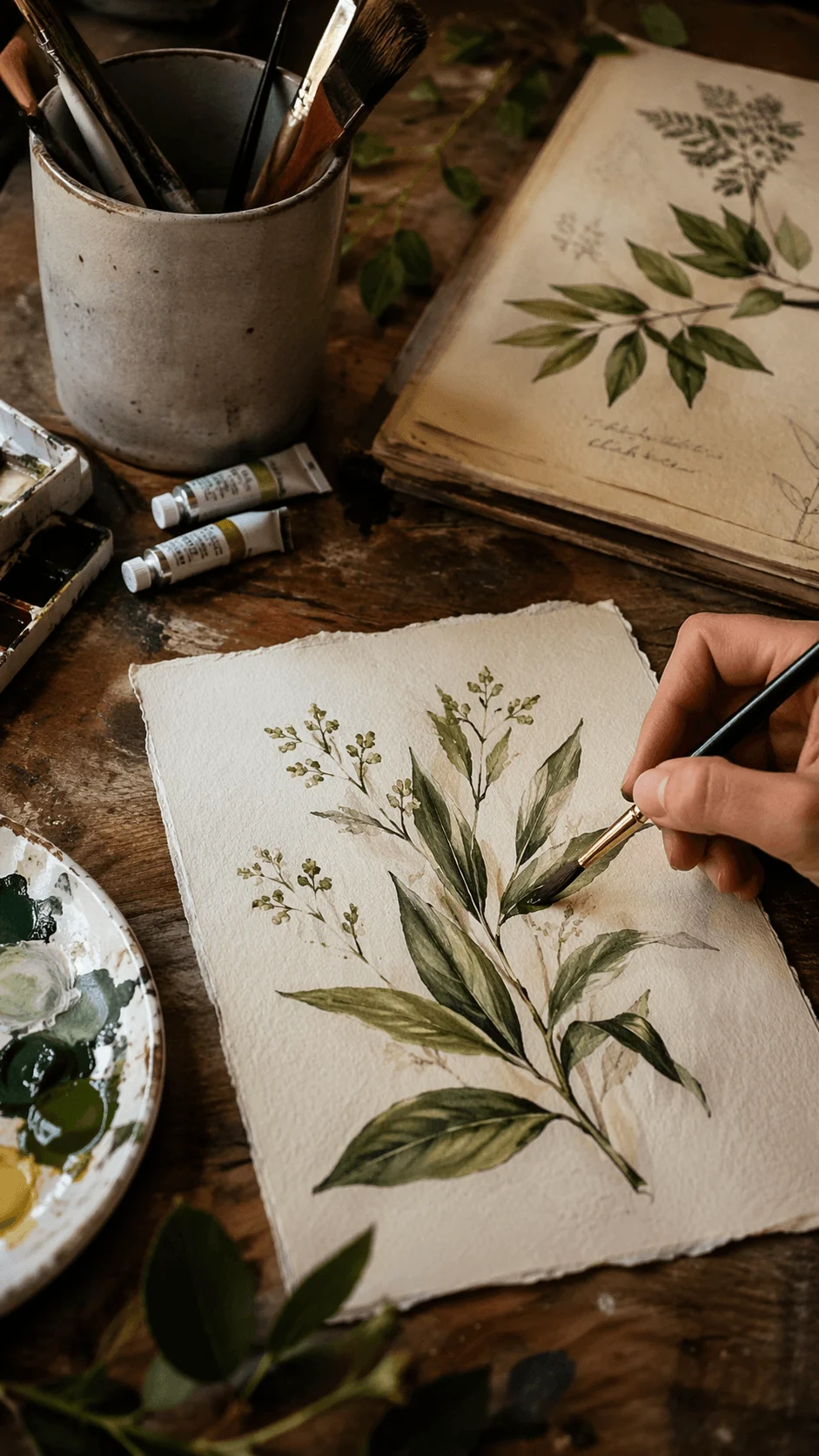 Close up of a hand painting a delicate botanical illustration with watercolor on textured paper surrounded by brushes paint tubes a palette and a sketchbook on a rustic wooden table