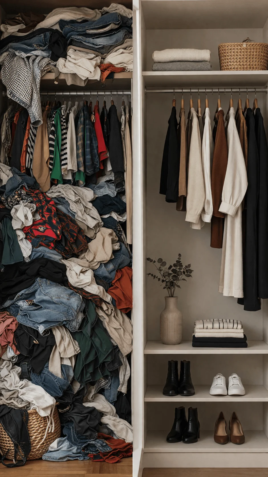 Side by side comparison of an overflowing messy wardrobe packed with mixed clothes on the left and a clean organized minimalist closet with neatly arranged neutral garments shoes and folded items on the right