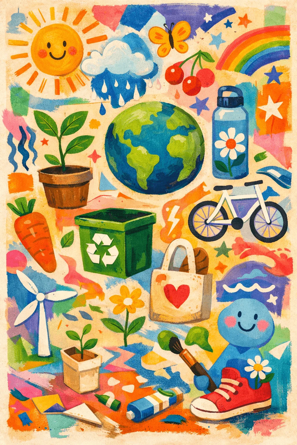 Colorful illustrated poster with earth sun rainbow plants recycling bin water bottle bicycle tote bag wind turbine flowers and playful characters promoting eco friendly lifestyle and sustainability