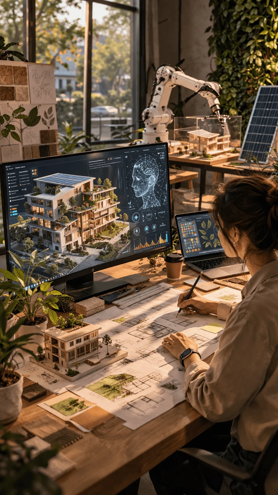 Artificial intelligence and sustainable creativity concept showing a designer working on architectural plans at a desk with a large screen displaying an eco friendly building model and AI interface surrounded by plants a robotic arm and solar panels in a modern studio