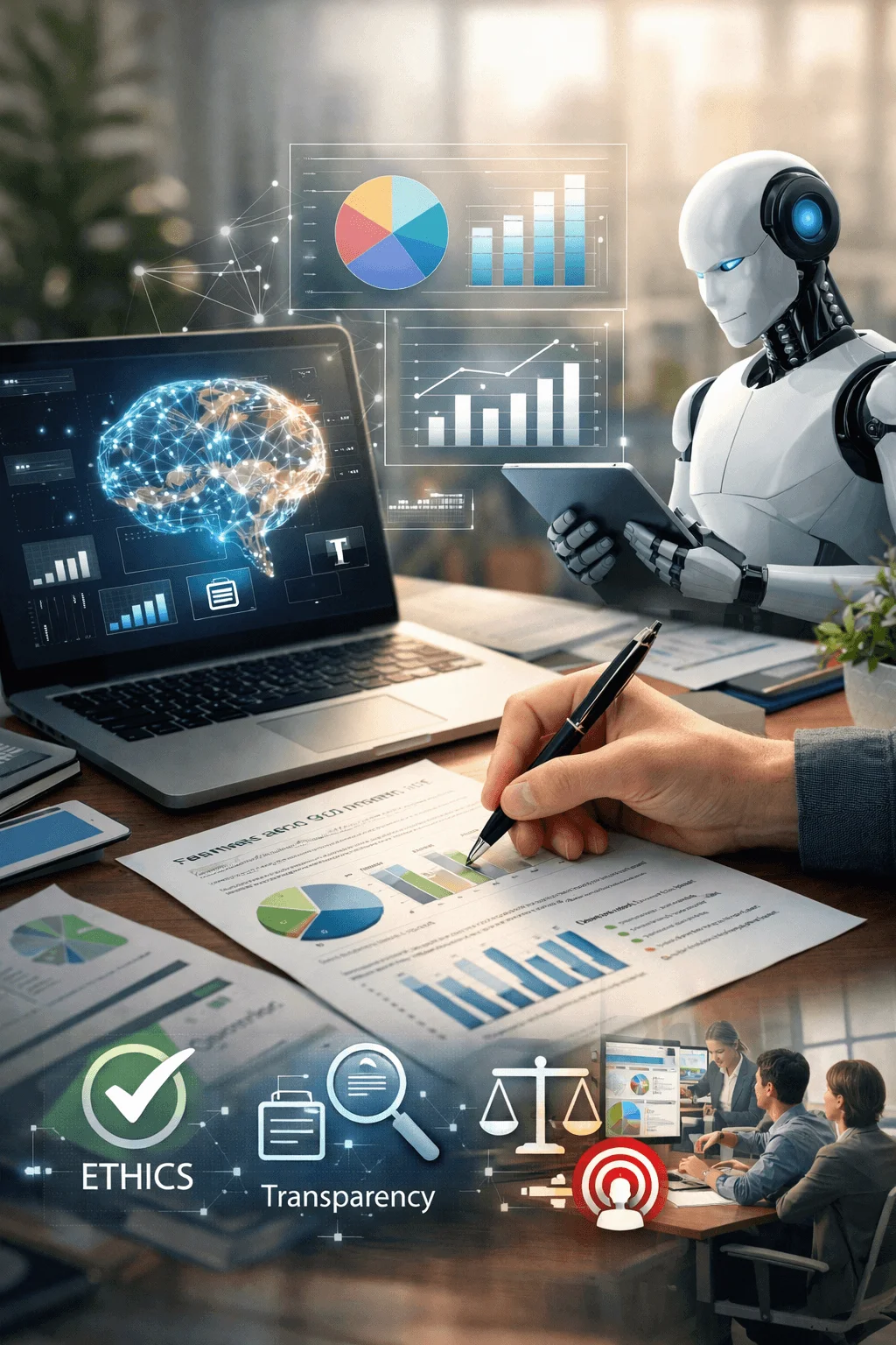 Workspace scene showing a robot and human collaborating on data analysis with a laptop displaying an AI powered brain visualization charts and graphs alongside documents being reviewed with icons representing ethics transparency and governance