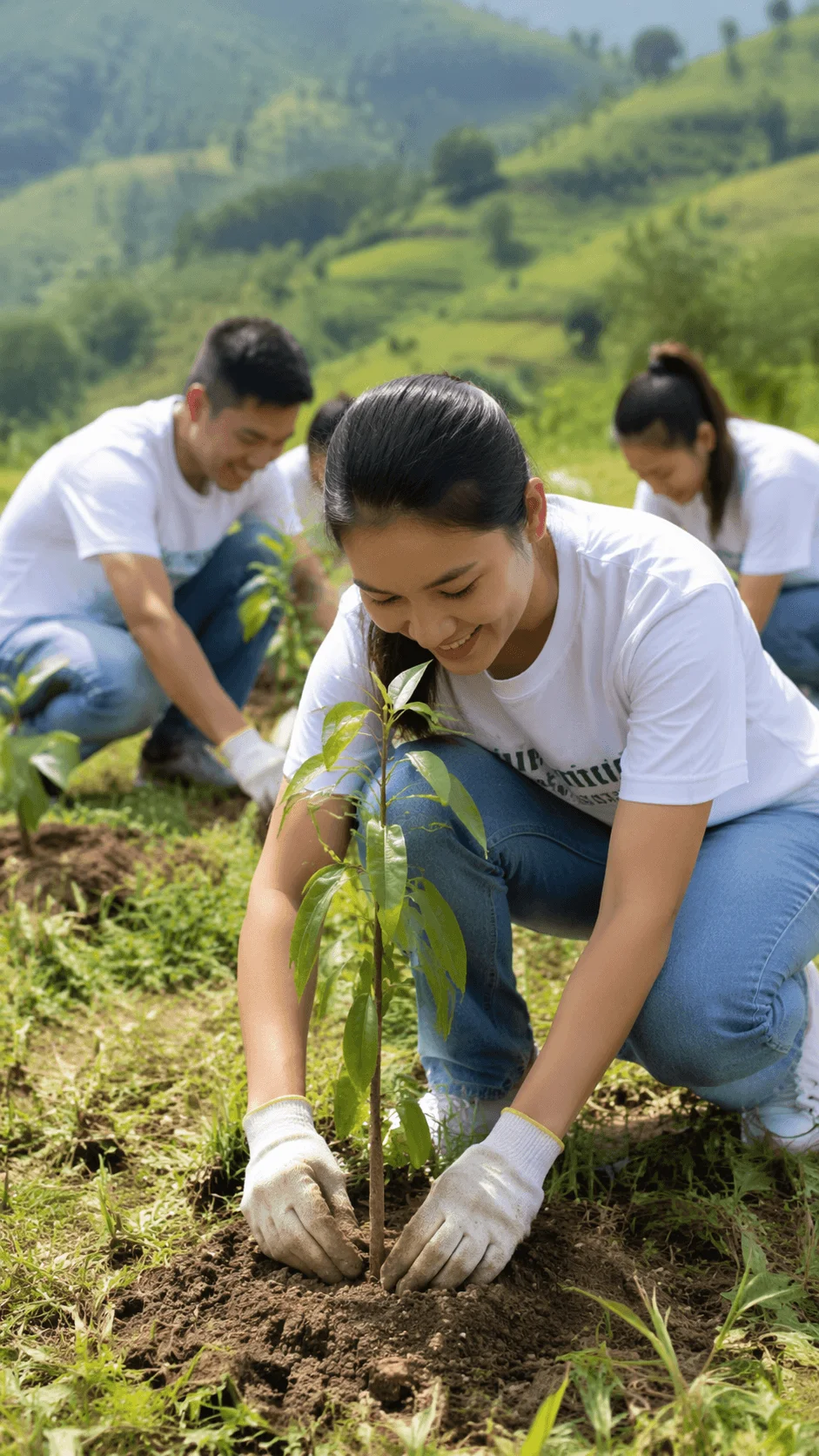 Volunteers planting young trees on a green hillside representing environmental conservation community action and sustainability efforts.