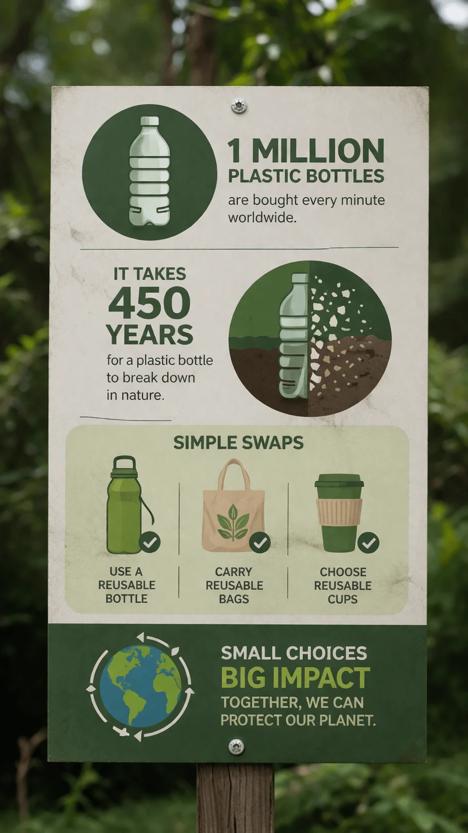 Educational poster about plastic waste showing statistics on bottle usage decomposition time simple swaps like reusable bottle bags and cups and a message about small choices making a big environmental impact