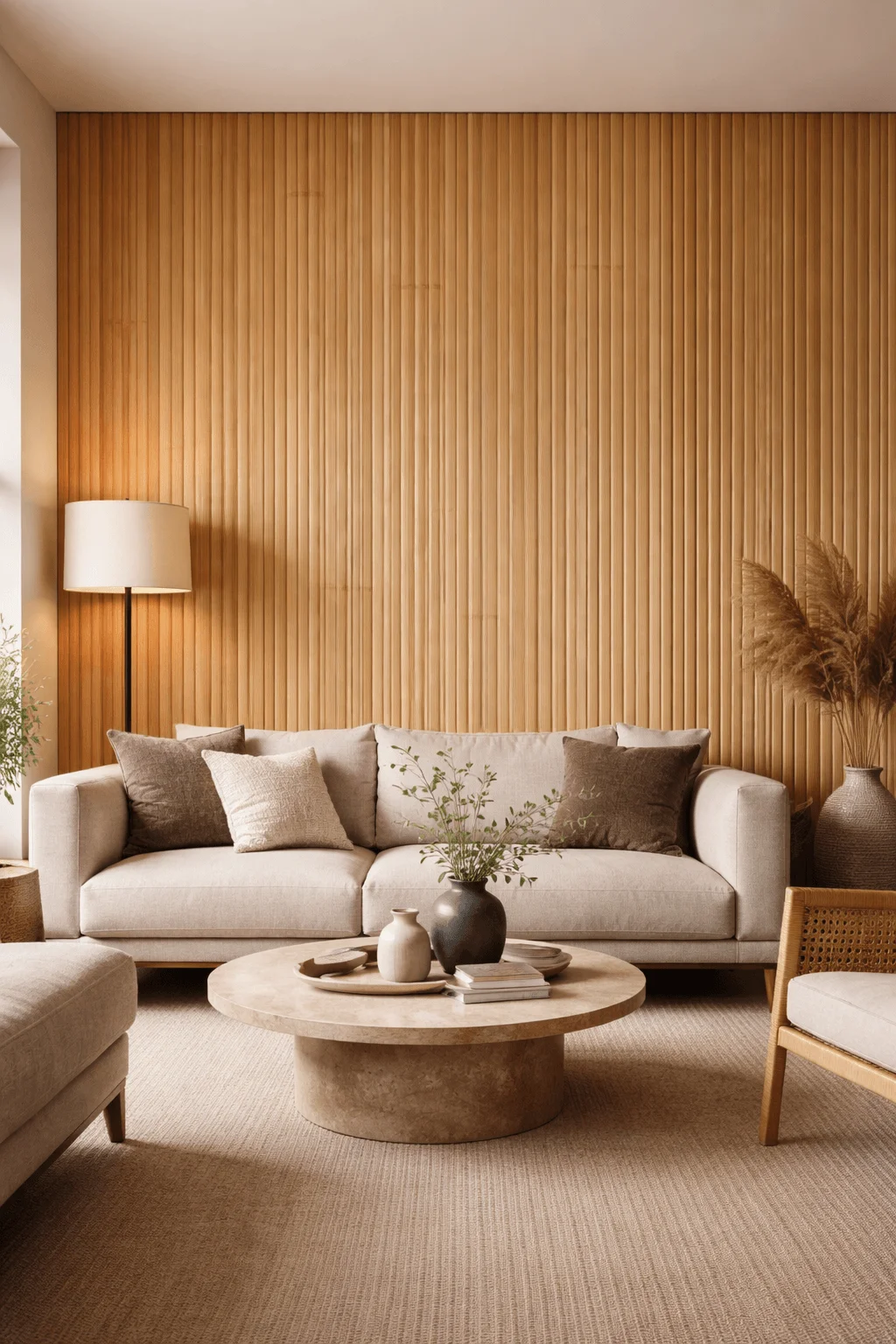 Calm living room with bamboo wall cladding creating a natural textured backdrop paired with a neutral sofa round coffee table soft decor and warm earthy tones for a serene organic feel