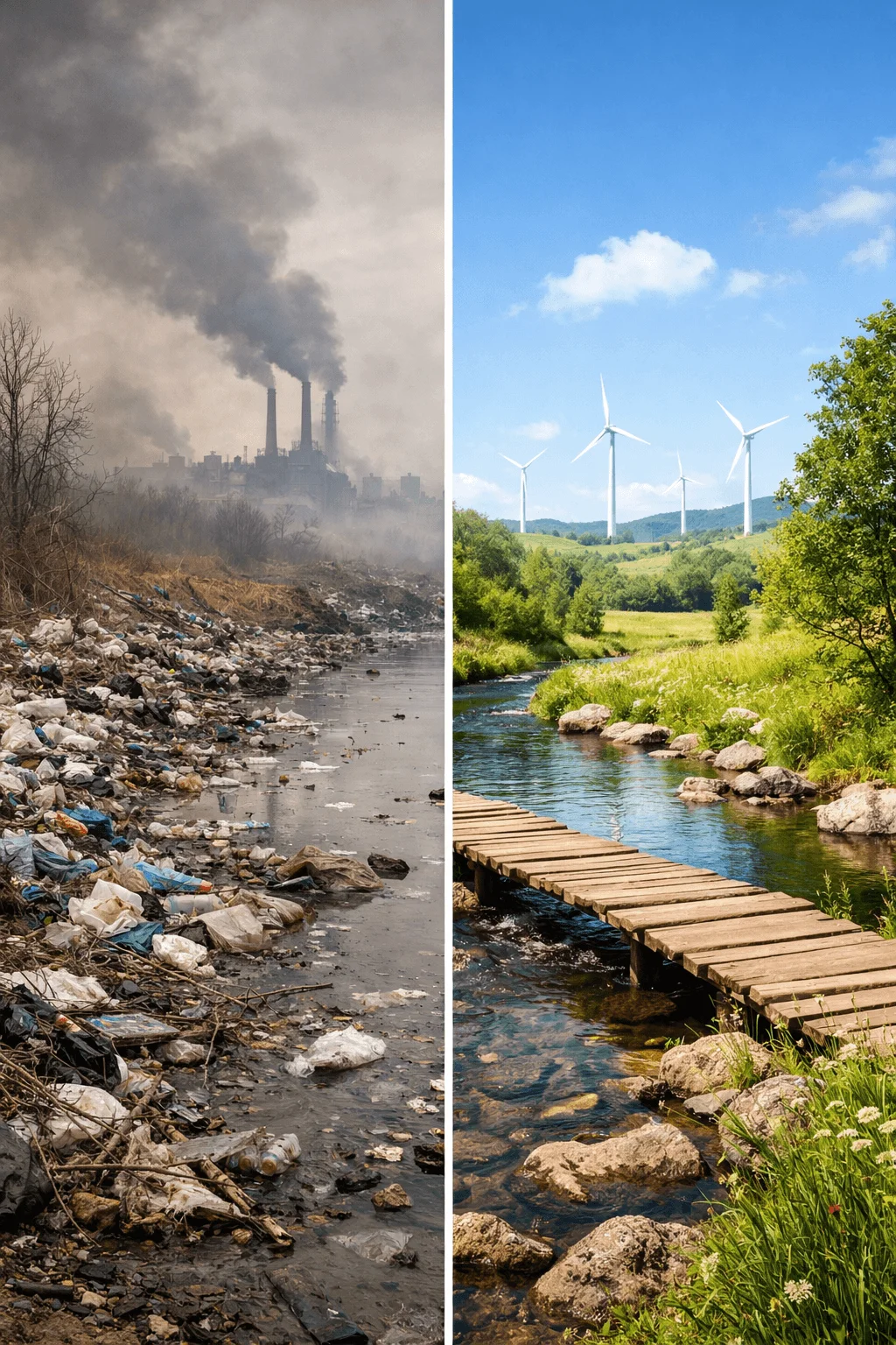 Split image showing polluted river with industrial smoke and plastic waste contrasted with a clean natural landscape featuring clear water greenery wooden path and wind turbines