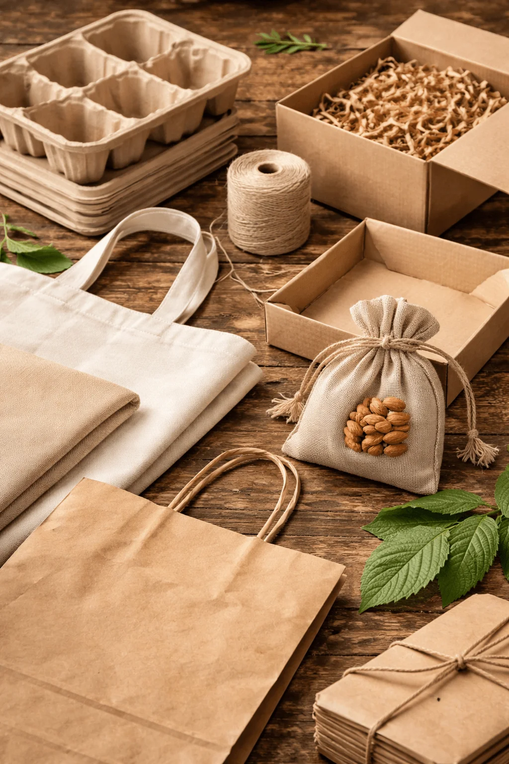 Sustainable packaging materials including kraft paper bags cloth totes molded pulp trays twine and reusable fabric pouches displayed on a wooden table