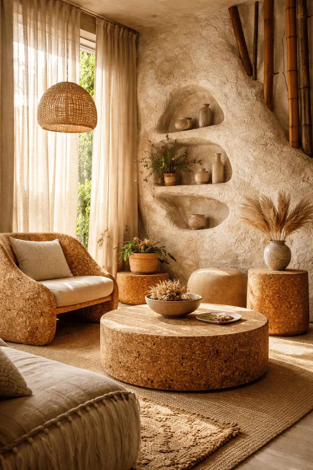 Warm earthy living room with cork furniture textured plaster walls woven lighting natural fabrics and handcrafted decor creating a calm sustainable interior space