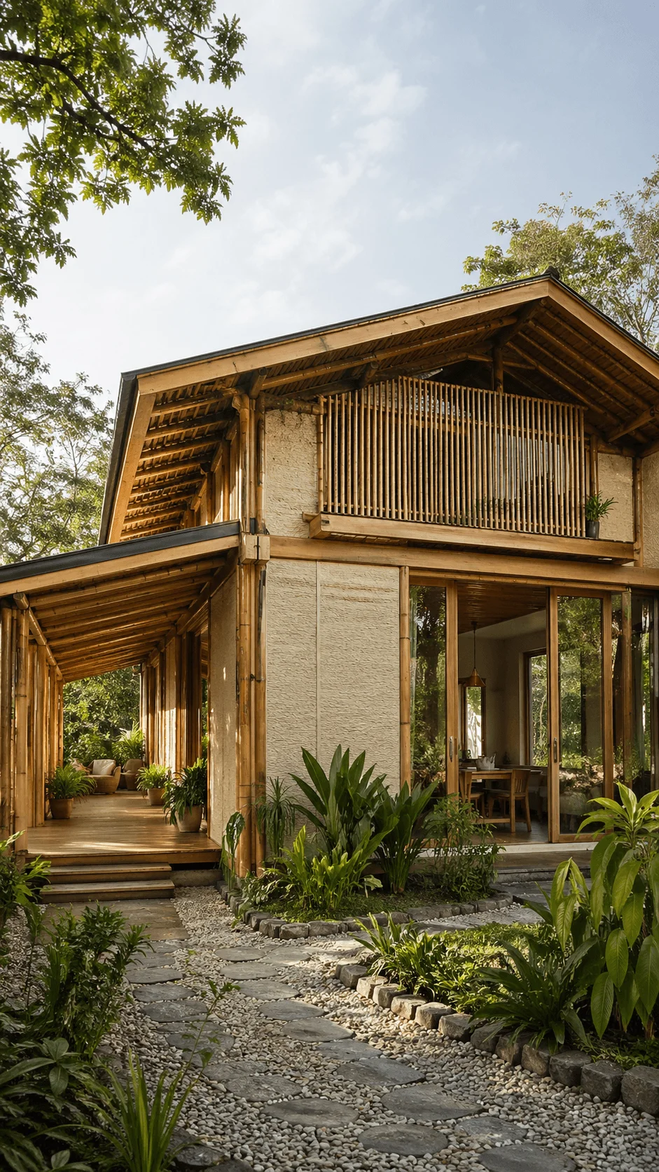 Eco friendly house built with bamboo and natural materials featuring open veranda wooden structure and lush garden pathway surrounded by greenery