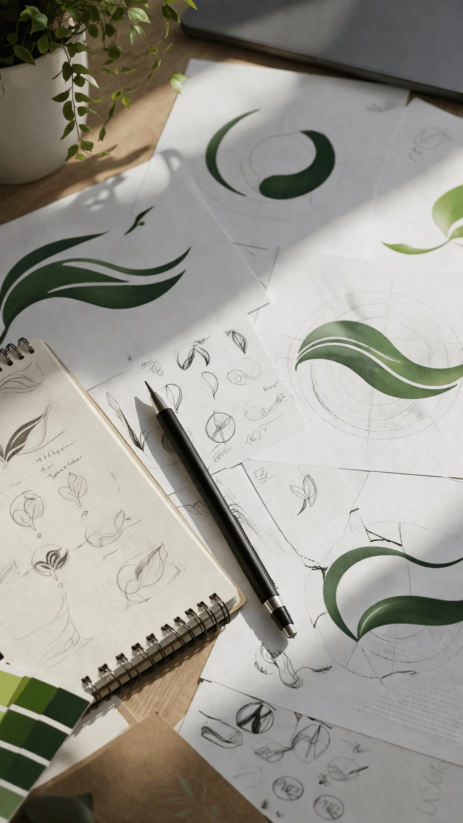 Workspace showing eco logo design process with sketchbook and pencil alongside printed green leaf inspired fluid shape logos on paper under natural light with plant elements