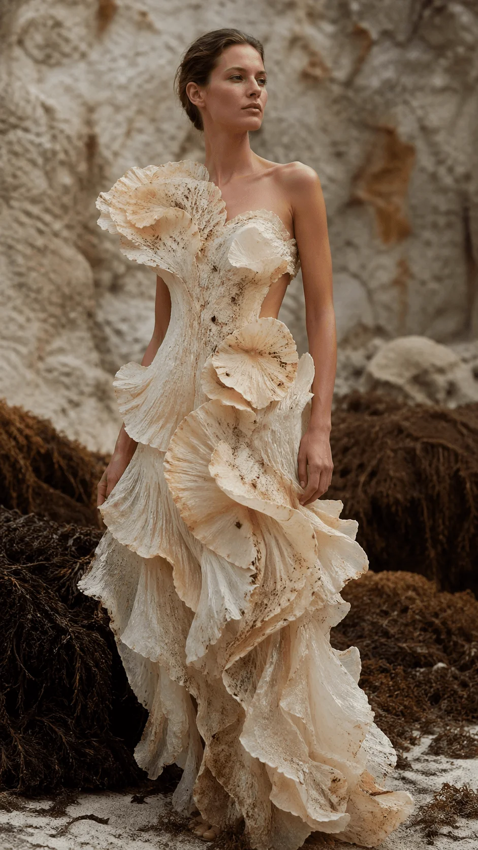 Woman wearing an organic textured dress inspired by natural forms standing outdoors among rocks and seaweed showcasing bio fabric fashion design