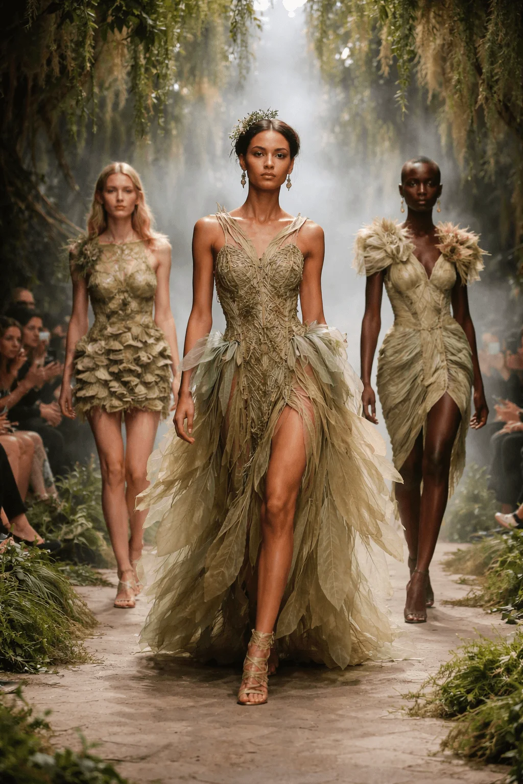 Models walk down a nature inspired runway wearing dresses made from plant based materials with leaf like textures in a forest themed setting with soft lighting
