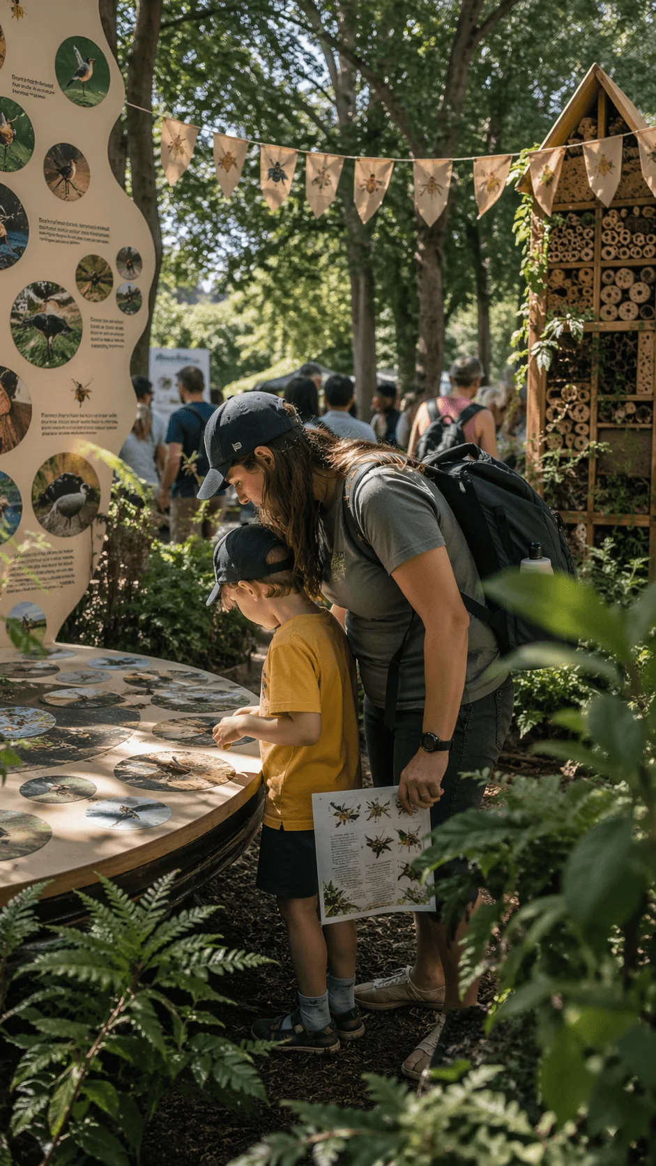 Adult and child exploring a biodiversity display with insect information and natural habitats at an outdoor environmental event