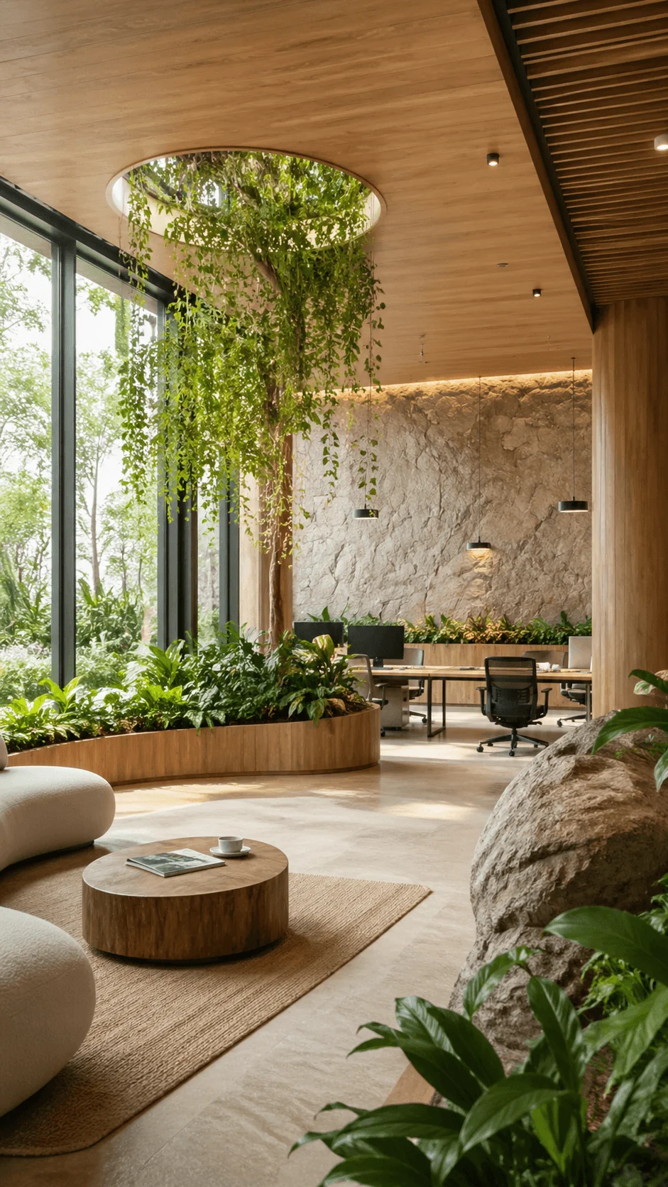Biophilic office interior with indoor tree natural stone wall wooden finishes and abundant greenery creating a calm nature inspired workspace