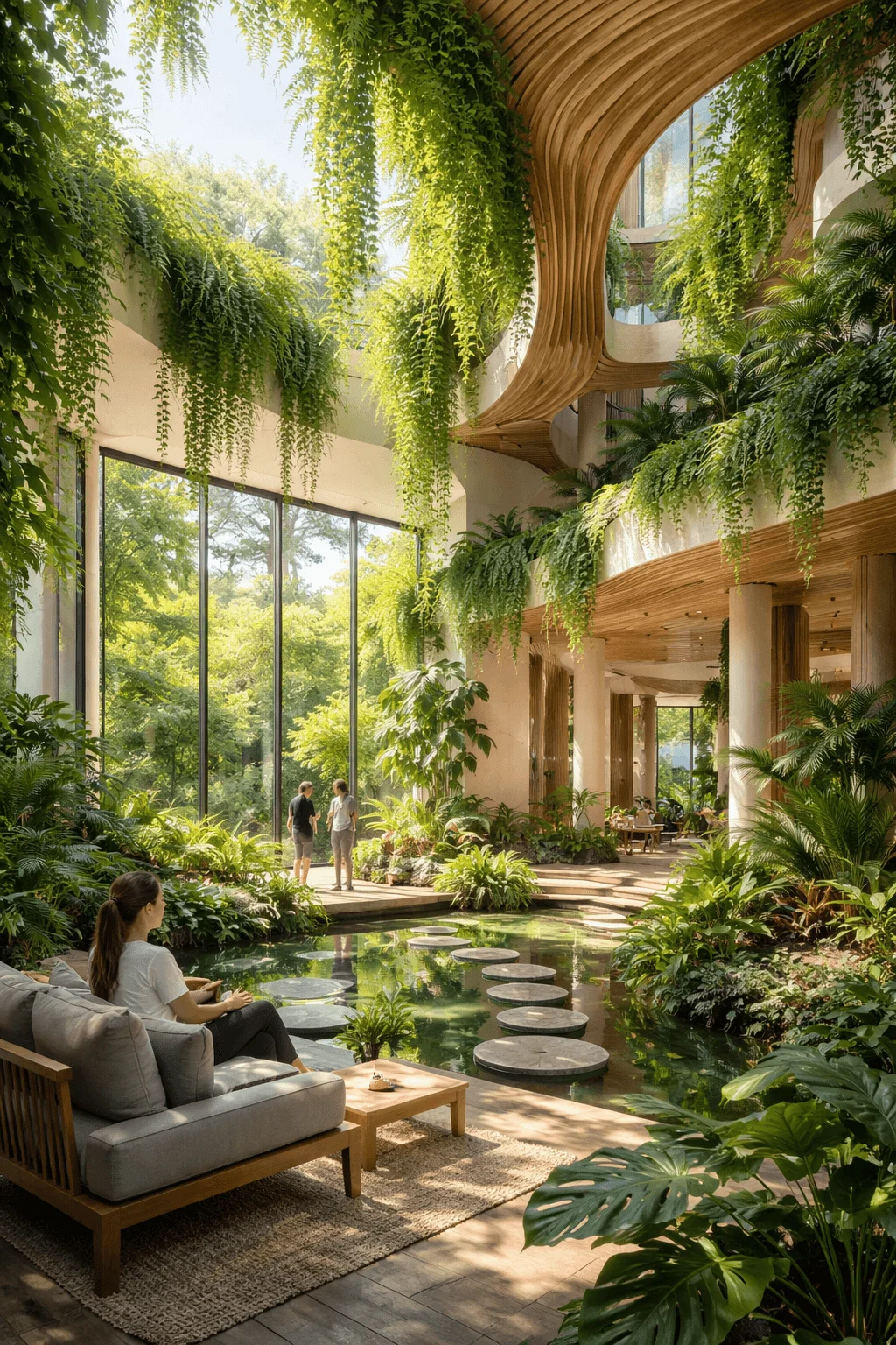 biophilic interior design showing lush indoor garden natural light water feature wooden architecture and people relaxing in a nature integrated sustainable space