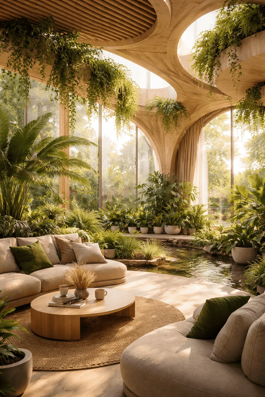 Biophilic design concept showing a serene indoor living space with organic architecture natural wood structures abundant greenery a small indoor pond and soft seating creating a calming connection between nature and interior living