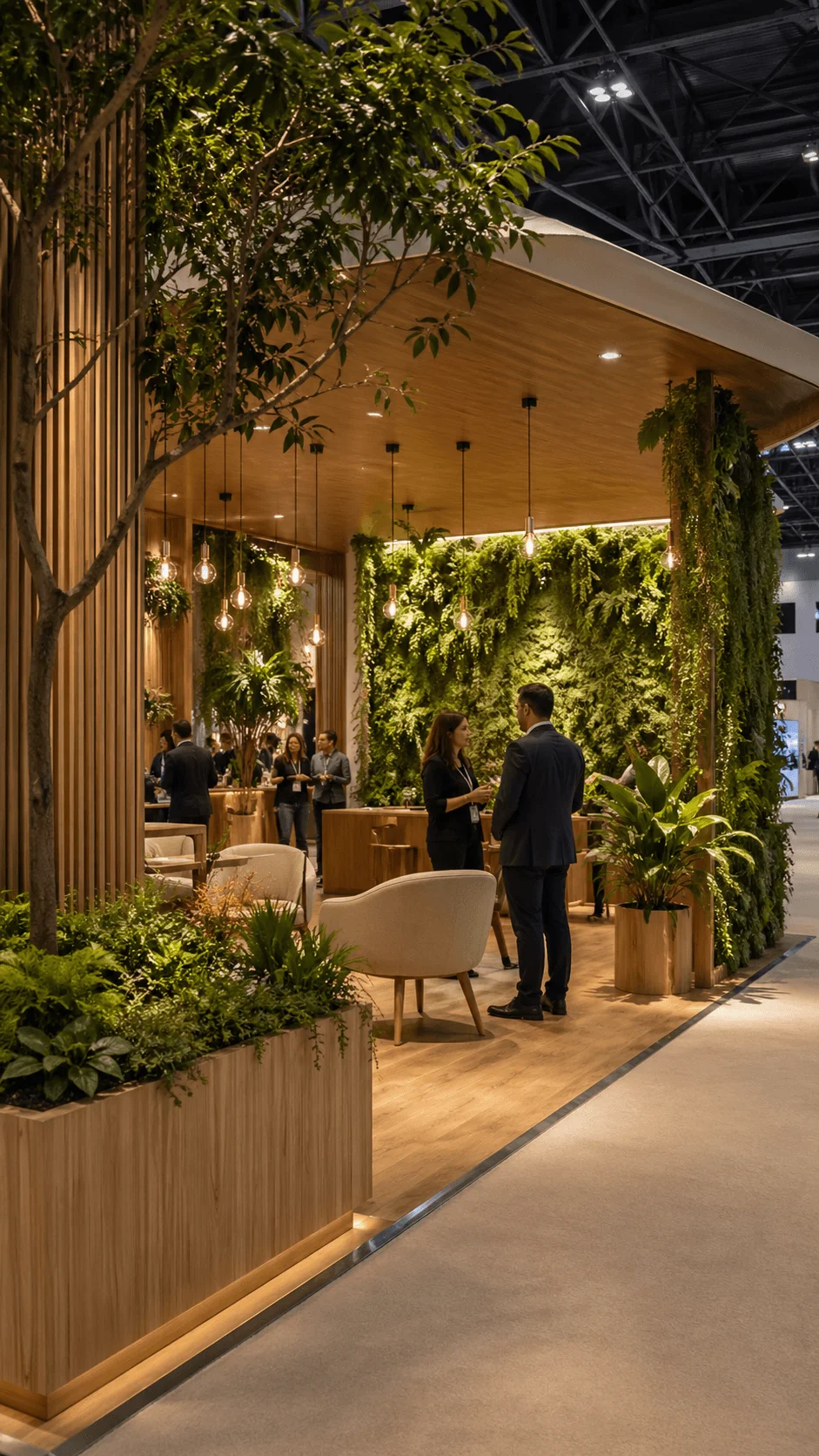 Biophilic exhibition booth design with abundant greenery wooden finishes hanging lights and comfortable seating area for conversations