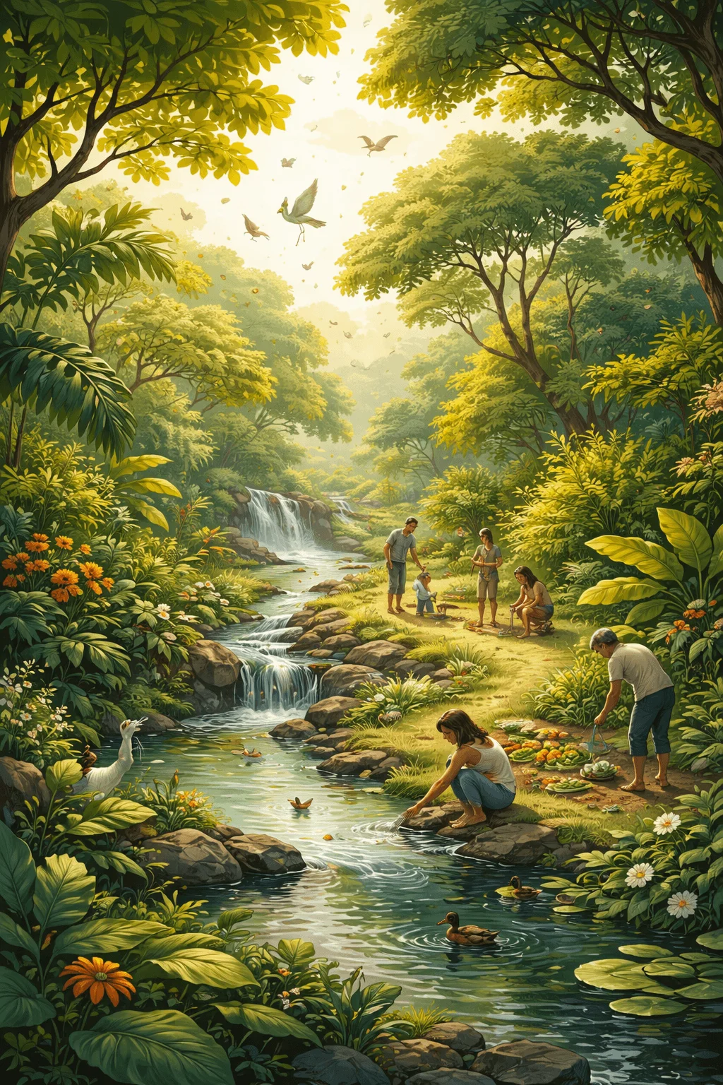 Lush biophilic illustration of a vibrant forest with a flowing stream and waterfall where people garden harvest vegetables and interact with nature surrounded by birds ducks and dense greenery under soft sunlight