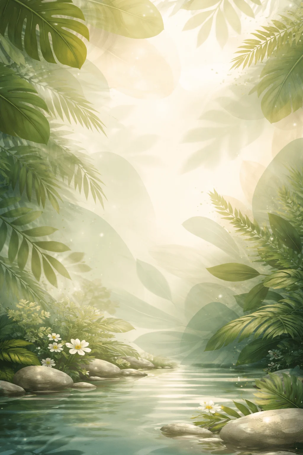 Soft dreamy nature scene with lush green tropical leaves surrounding a calm stream with stones and small white flowers in gentle sunlight creating a serene biophilic atmosphere