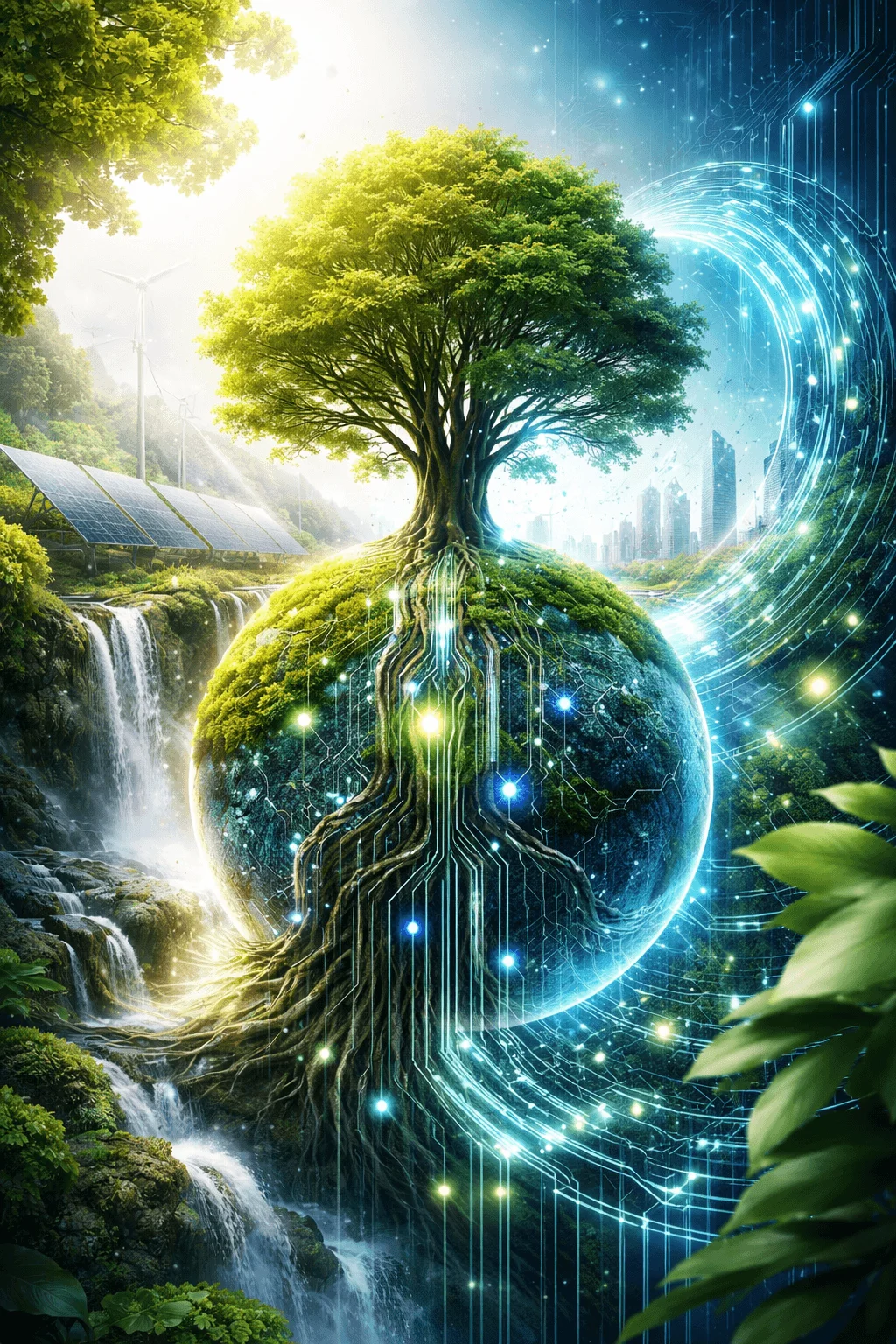 Conceptual illustration of a tree growing from a globe with roots forming digital circuits blending nature renewable energy and technology with waterfalls solar panels wind turbines and a futuristic city symbolizing sustainable innovation.