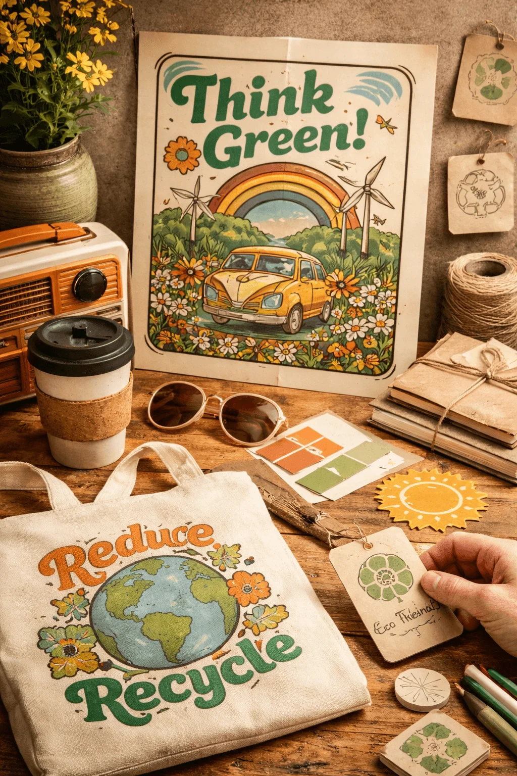 Retro style eco themed poster and merchandise with think green message reusable tote reduce recycle design vintage radio coffee cup and natural materials on wooden table