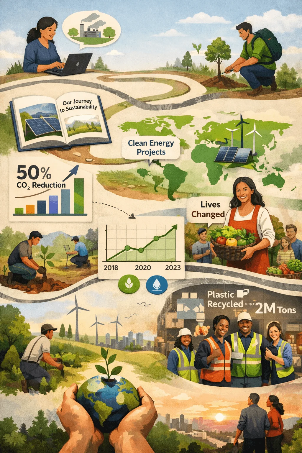 Illustrated sustainability journey showing clean energy projects tree planting community impact carbon reduction growth charts and global environmental initiatives