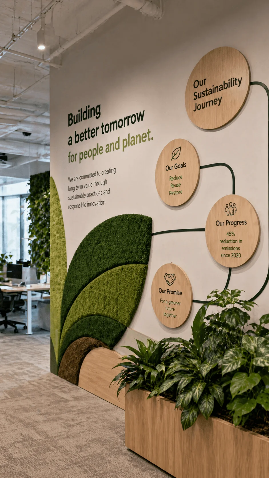 Office wall featuring sustainability messaging with natural materials green textured panels wooden signage and indoor plants creating an eco friendly workspace atmosphere