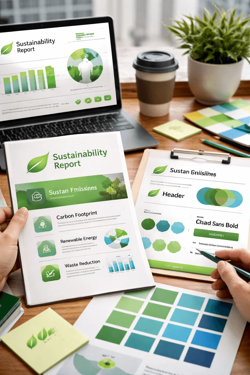 Sustainability report design materials showing consistent green branding across printed documents laptop display color palette and layout elements